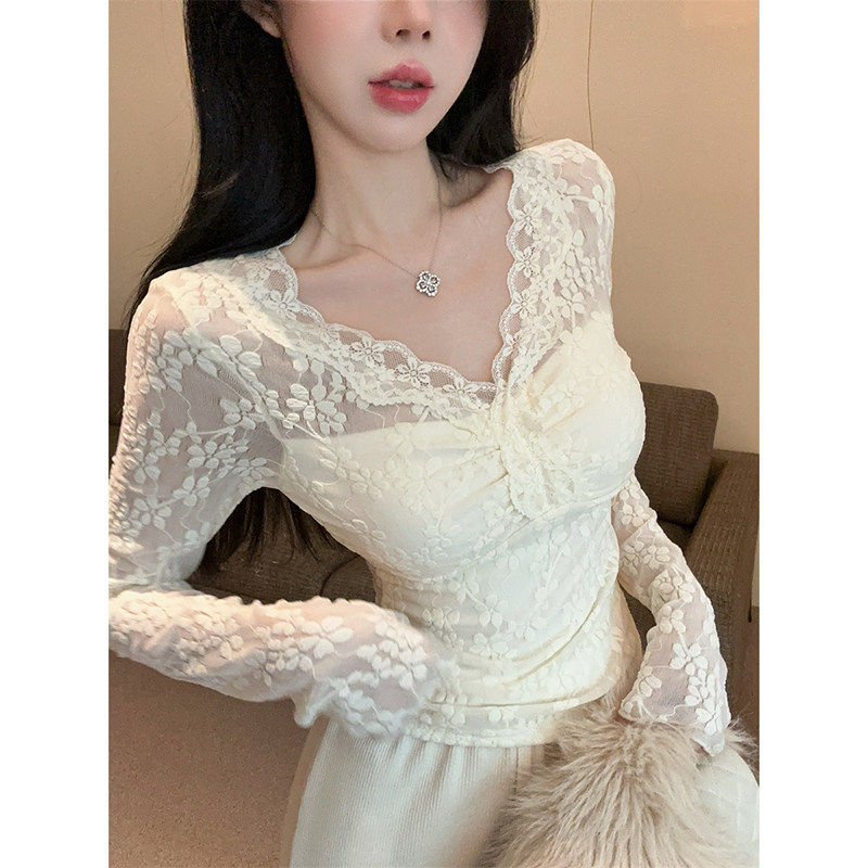 超好看蕾丝V领修身上衣女秋冬皮草内搭加绒打底衫绝美可外穿小衫