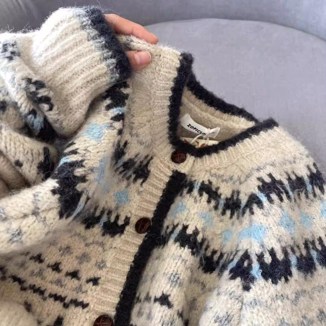 高级感覆古提花圆领针织开 衫女秋冬加厚单排扣宽松费尔岛毛衣外