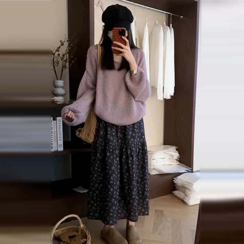 韩系小个子碎花洋装女2025慵懒风宽松长袖紫色毛衣初夏穿搭套装