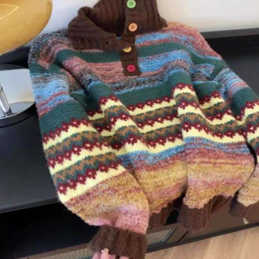 春秋新款美拉德穿搭彩色条纹翻领毛衣开 衫女秋冬季慵懒风针织外