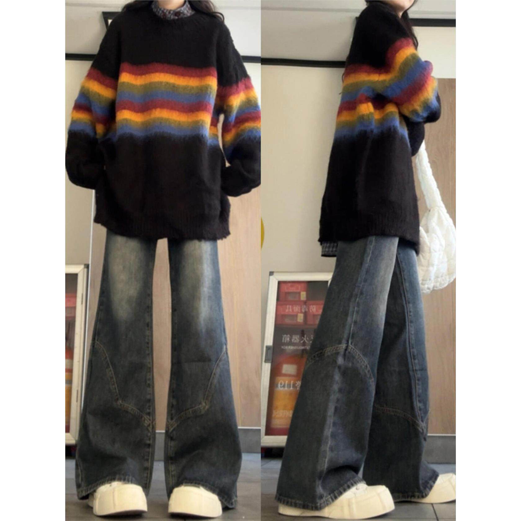 美式覆古蓝牛仔裤女秋冬加绒加厚2025新款宽松慵懒直筒阔腿微喇裤