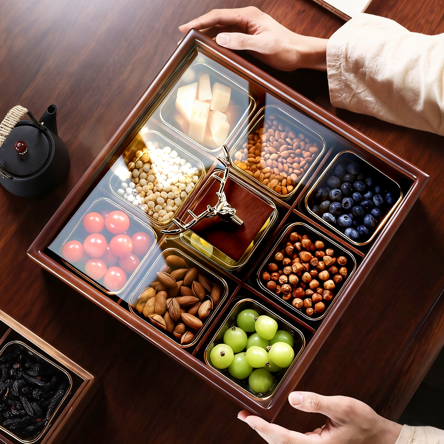 2025款实木干果盒轻奢高档分格带盖茶几桌面零食收纳坚果盘高颜值