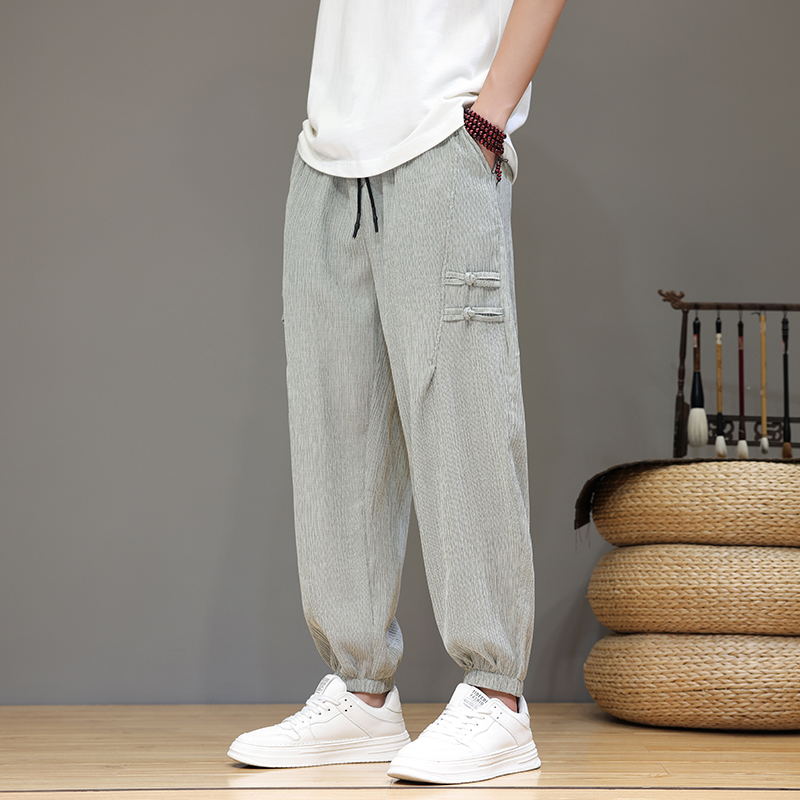 风夏季冰丝新款九分裤男宽松大码新中式纯色221-6-K15-P45，男装休闲裤，星座221-6