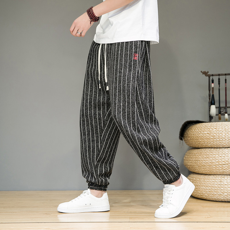 风棉麻条纹休闲裤男束脚裤子新中式长裤子宽松221-6-K829-P60，男装休闲裤，星座221-6
