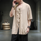 风夏季棉麻印花短袖衬衫男半袖衬衣大码宽松221-6-W13-P50，男装衬衫，星座221-6