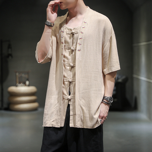 风夏季棉麻印花短袖衬衫男半袖衬衣大码宽松221-6-W13-P50图片