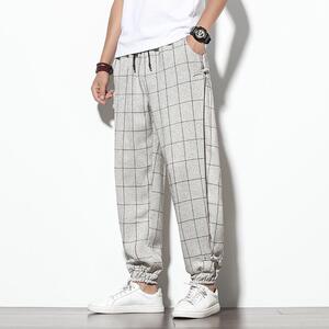 风棉麻格子休闲裤男束脚亚麻宽松大码长裤XZ221-6-K652-P55图片