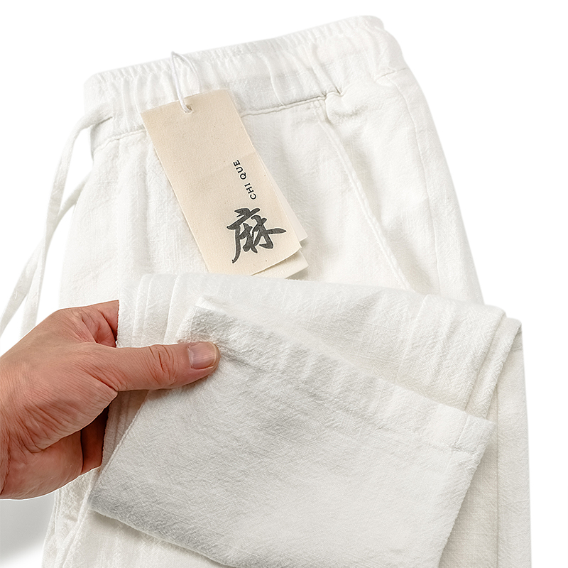 棉麻九分裤男士直筒宽松夏季薄款松紧腰白色中国风亚麻休闲裤子男