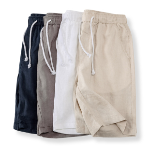 直筒休闲薄款 百搭五分裤 宽松大码 裤 100%纯亚麻短裤 衩沙滩裤 男夏季