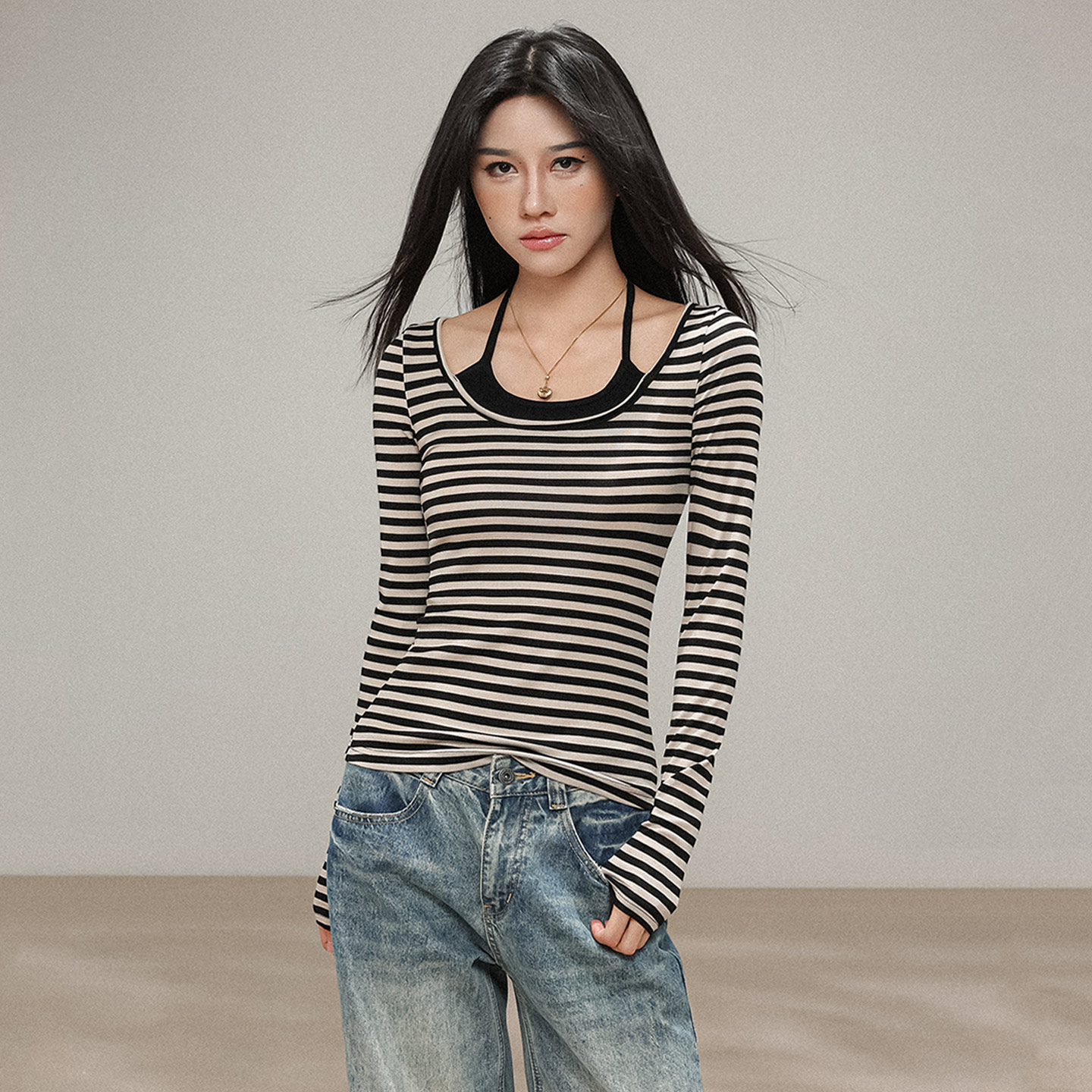 早秋季挂脖条纹假两件长袖T恤女