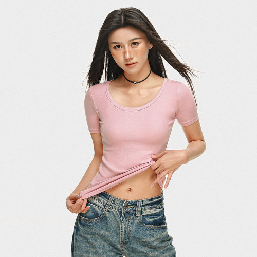 莫代尔螺纹短袖紧身正肩T恤女夏