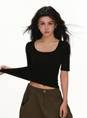 白色五分袖T恤女春夏秋方领正肩上衣修身显瘦中袖打底衫网红潮ins