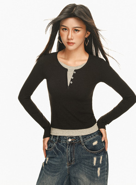 2026秋冬季拼色假两件修身内搭打底衫女小众长袖t恤辣妹显瘦上衣