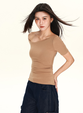 2026夏秋季紫色露肩修身显瘦超好看辣妹纯欲风上衣斜肩短袖T恤女