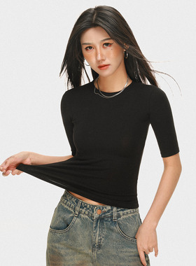 2026春夏设计感不撞款圆领正肩t恤女美式修身五分袖中袖亲肤上衣