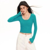 夏秋季 女欧美风领口露锁骨性感U领上衣ins 打底衫 短款 紧身高腰长袖