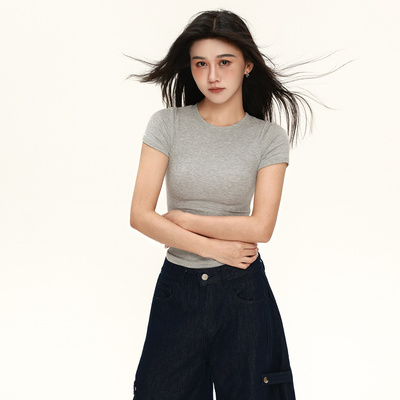 美式t恤女短袖夏季紧身修身螺纹短款体恤正肩显瘦独特绝美小上衣