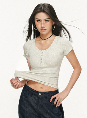 2026春夏季纯欲风桃心领纽扣短袖t恤女气质修身短款卡腰打底上衣