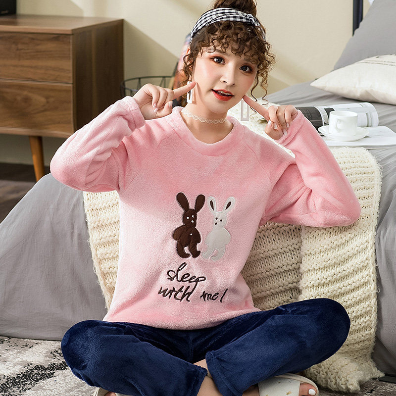 名薇妮可爱情侣睡衣女加厚法兰绒保暖套装秋冬季珊瑚绒长袖家居服