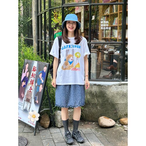 韩系复古雾霾蓝木耳边碎花半身裙