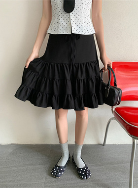 自制韩版设计感系带拼接黑色半身短裙女夏通勤百搭蓬蓬蛋糕裙中裙