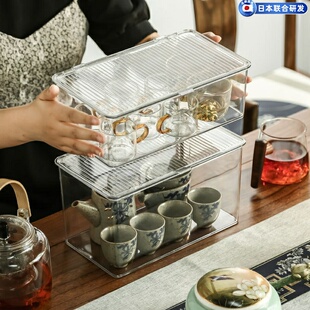 日本放茶具的收纳盒透明带盖功夫茶杯置物架装茶壶茶叶碗配件整理