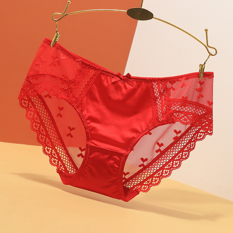 曼妮芬本命年兔年红内裤女蕾丝纯棉属兔中低腰结婚性感女士内裤大