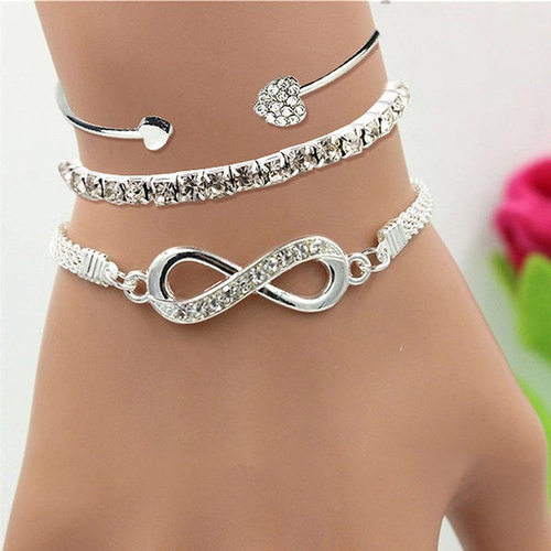 Charm Shiny Crystal Silver Color Heart Metal Bracelets for