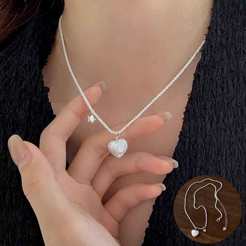 Sterling Silver Love Heart Pearl Star Necklace for Women