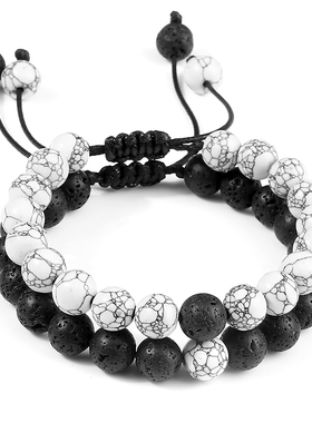 Braided Rope Couple Set Bracelet Black White Beaded Natural