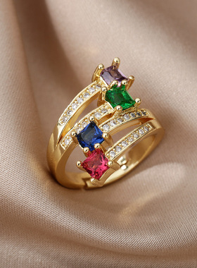 Colored Square Zircon Rings for Women Gold Plated