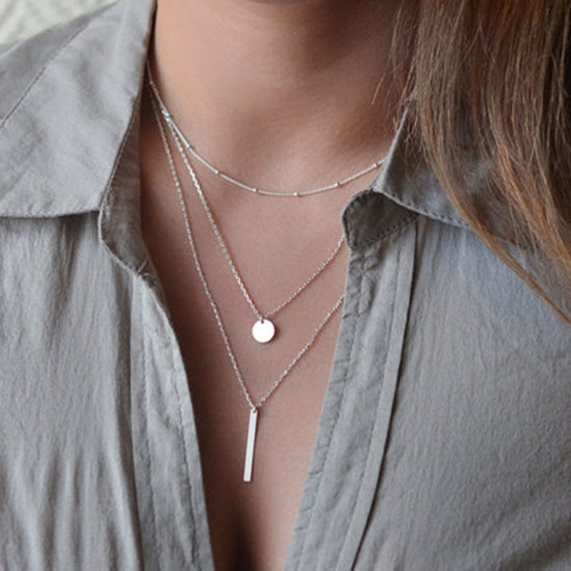 NEW 925 Sterling Silver Simple Three Layer Necklace Shiny