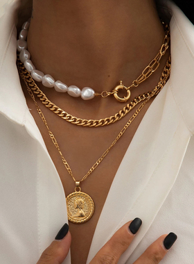 Goth Baroque Pearl Coin Portrait Pendant Necklace for Women