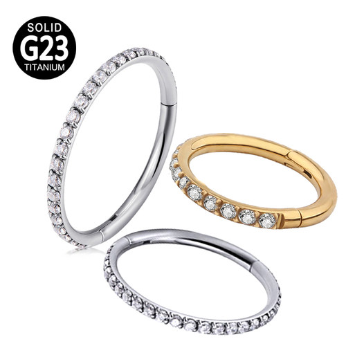 G23 Titanium Hinged Segment Hoop CZ Stone Nose Ring Nipple