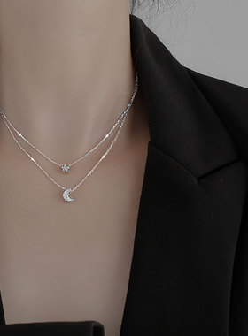S925 Sterling Silver Necklace for Women Star Moon Double