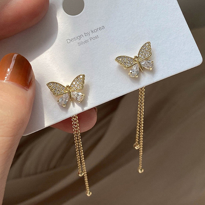 Women Long Tassel Earrings Korean Sweet Butterfly