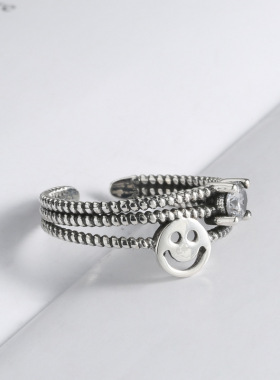 S925 sterling silver jewelry smiley face diamond ring Korean