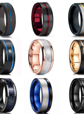 Fashion 8MM Men's Blue Groove Beveled Edge Tungsten Carbide