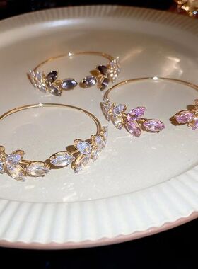 Delicate Zircon Leaf Gold Color Open Bracelets for Women