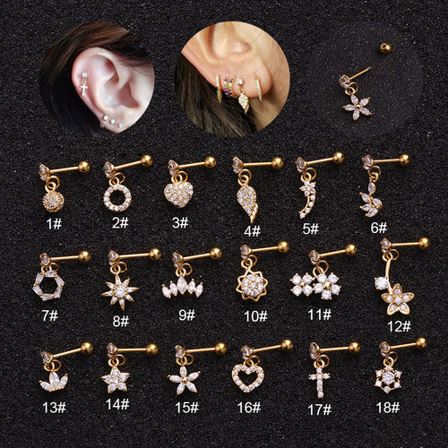 18Styles Gold Silver Color Heart Hexagon Crystal Tragus Ear