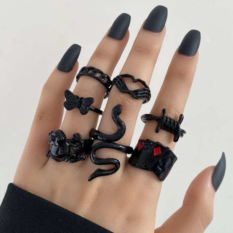 Punk Black Ring Set Snake Butterfly Heart Vintage Irregular