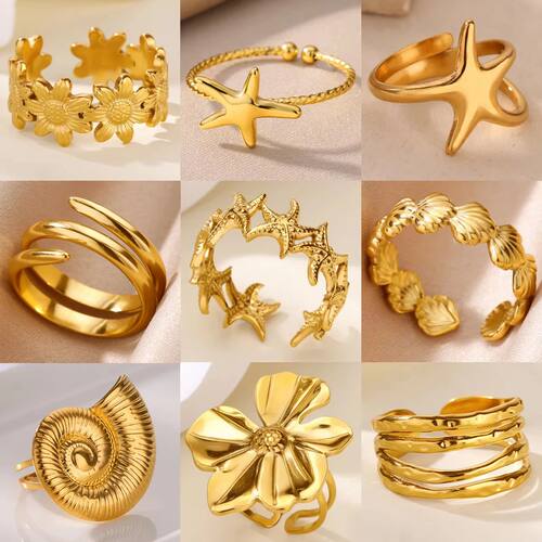 Chic Stainless Steel Starfish Shell Flower Ring Gold Color