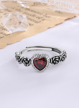 Retro Thai silver old rose love ring female simple fashion