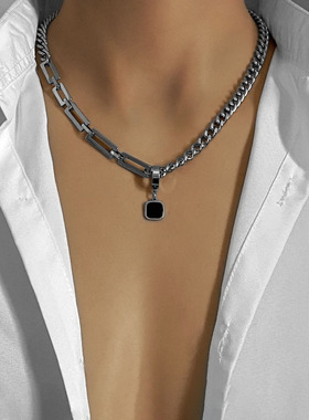 2023 Trendy Hip Hot Black Square Pendant Necklace Men