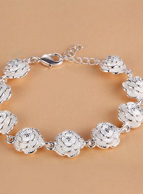 Charm 925 Sterling Silver Rose Flower Chain Bracelet For