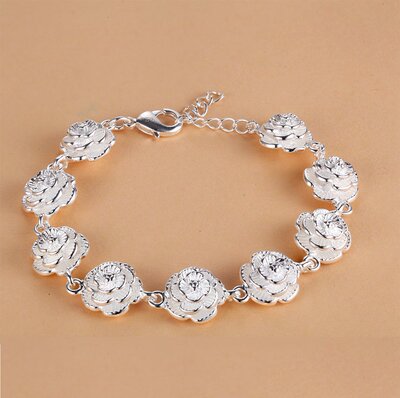 Charm 925 Sterling Silver Rose Flower Chain Bracelet For