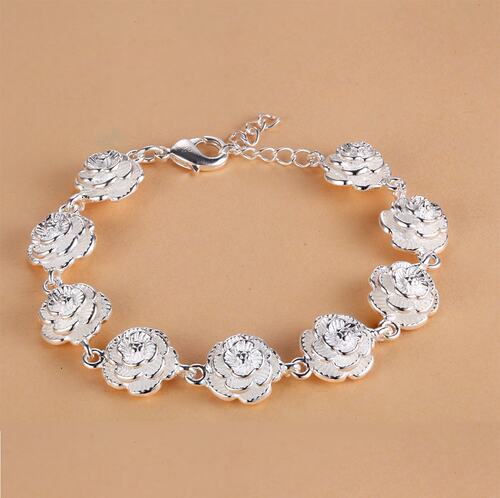Charm 925 Sterling Silver Rose Flower Chain Bracelet For