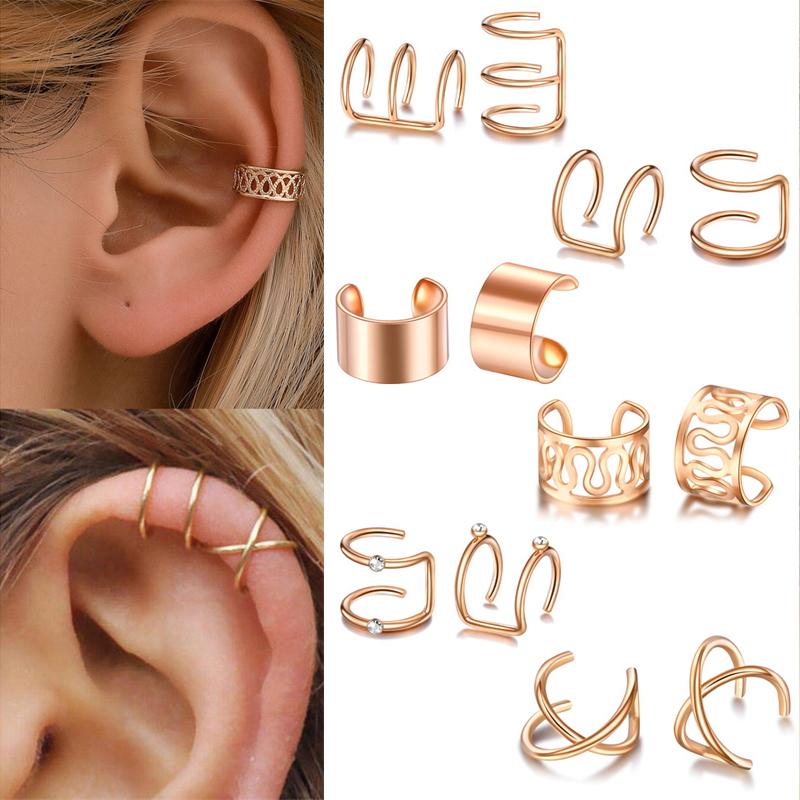 Punk Ear Cuff Gold Color Leaves Non-Piercing Ear Clips Fake