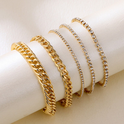 DIEZI 5pc/set Vintage Simple Link Chain Full Rhinestone