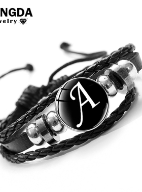 26 Letter A-Z Glass Snap Metal Bead Bracelet Men's ID Name